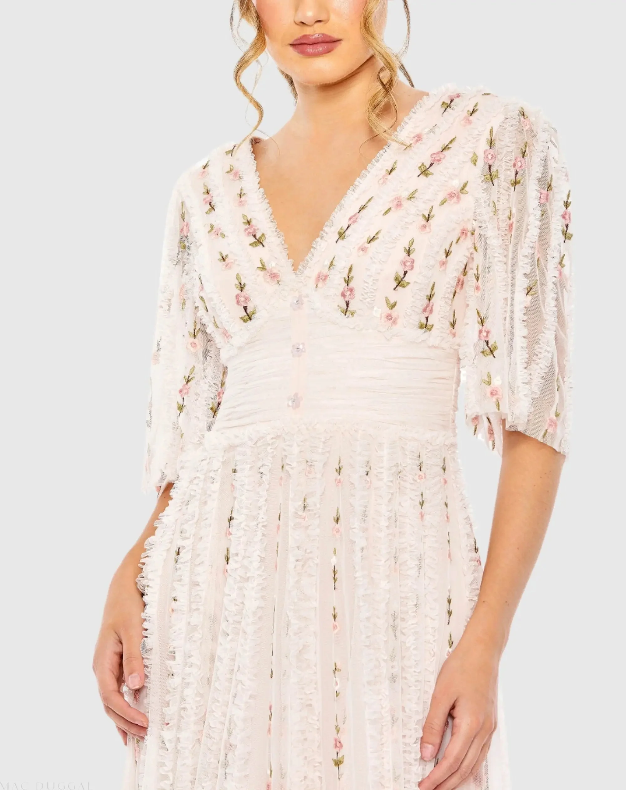 Pink Floral V-Neck Ruffle Detail Empire Waist Gown