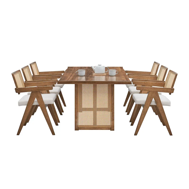 7 Piece Wooden Dining Table and Chairs Set, Rattan Kitchen Table Set with Rectangular Dining Table and 6 Chairs