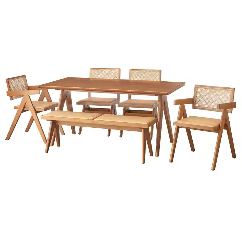 Buylateral 6pc Valentina Modern Dining set with 1 table 2 chairs 2 arm chairs 1 bench Light Walnut