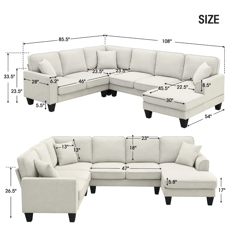 Modern U-Shaped 7-Seater Fabric Sectional Sofa Set with 3 Pillows, 108