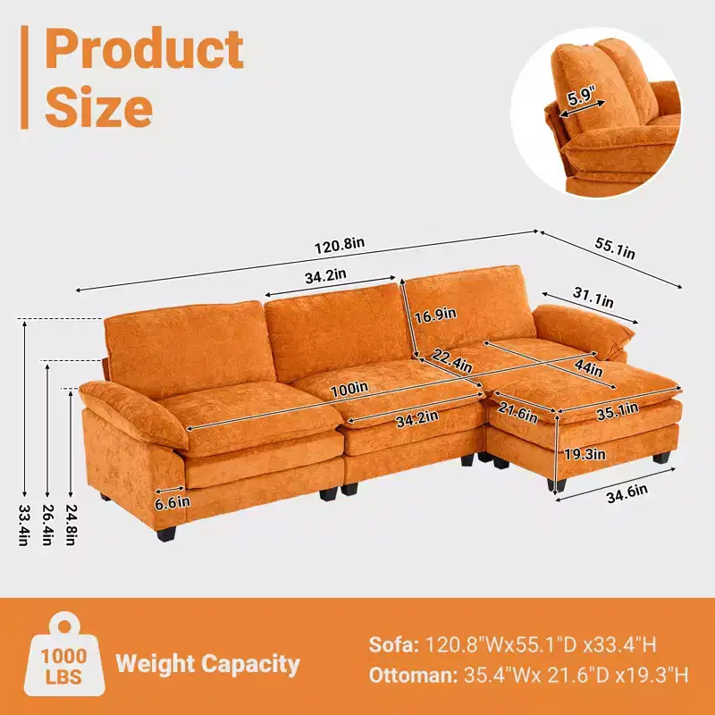 Karl Home |120 in. W Pillow Top Arm Double-layer Cushion Chenille Sofa in Brown With Ottoman