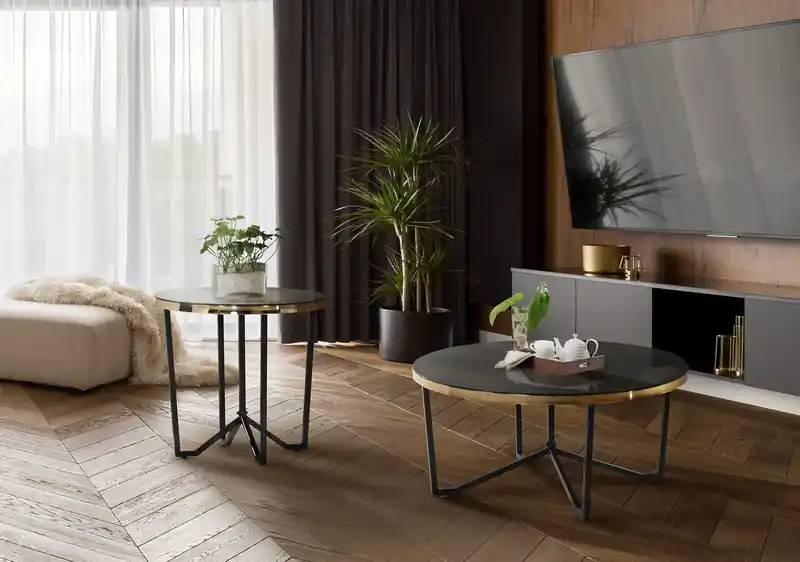 Xander 24 Modern Round Glass Top End Table - Black and Gold with Metal Legs