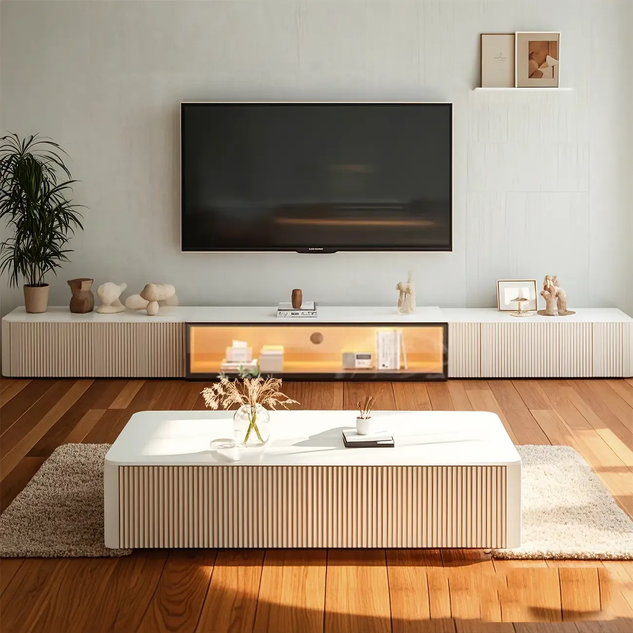 63 Champagne Long Stone TV Stand with Cable Management