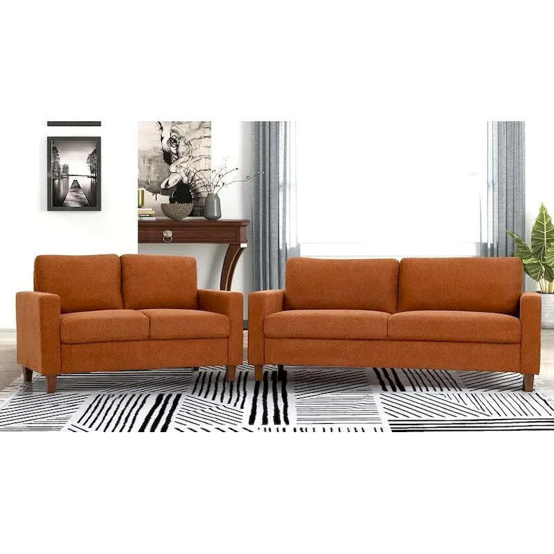 4-Color Mid-Century Modern 2-Piece Sofa & Loveseat Set with Reversible Pillows for 3+