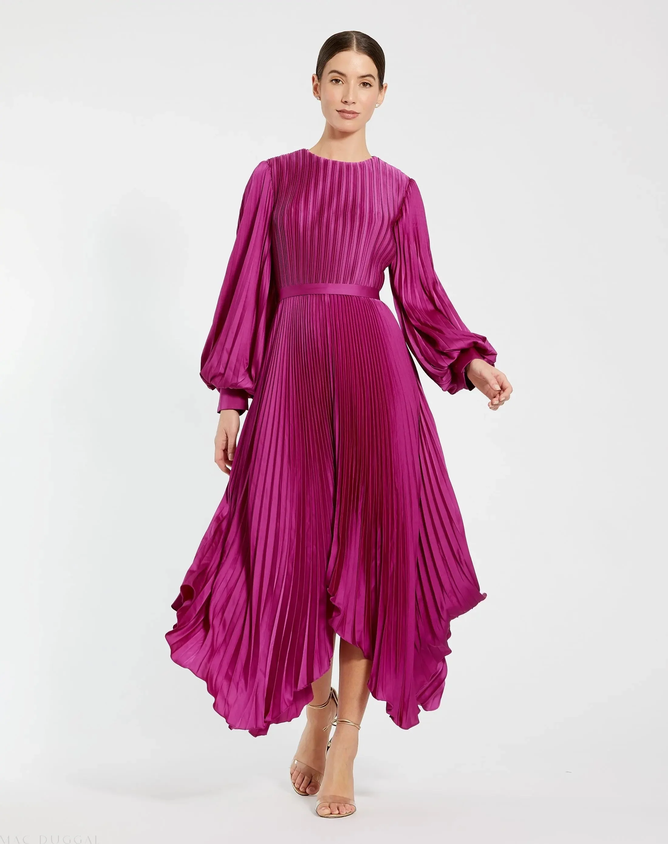 Purple Long Sleeve Pleated Charmeuse Handkerchief Dress