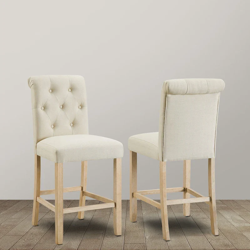 Roundhill Furniture Siena Counter Height Button Tufted Back Solid Wood Stools, Set of 2