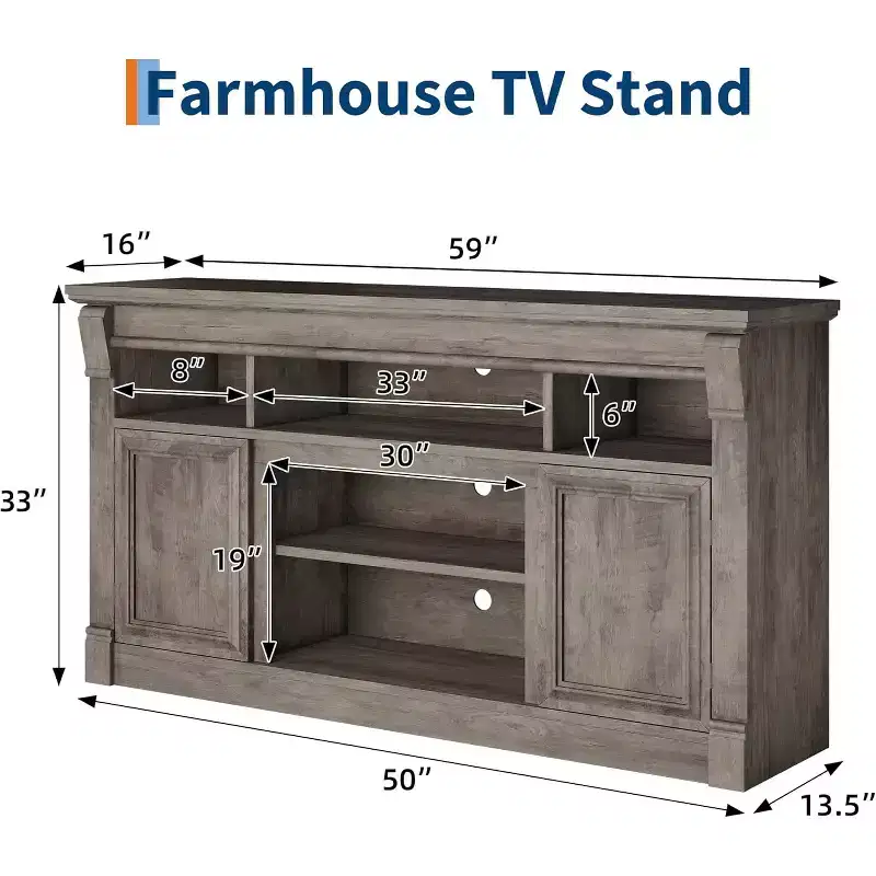 Farmhouse Fireplace TV Stand, Wooden Entertainment Center with Storage Cabinets, for Living Room, Home
