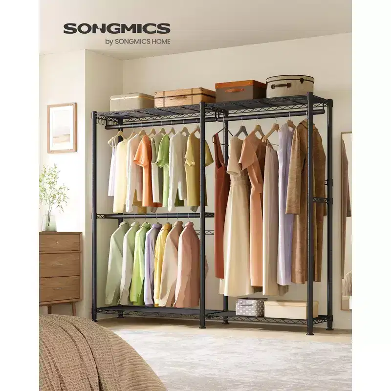 SONGMICS Clothing Rack, Heavy-Duty Garment Rack with Adjustable Storage Shelves and Hanging Rails, Hooks, Portable Wardrobe Closet, Cloud White