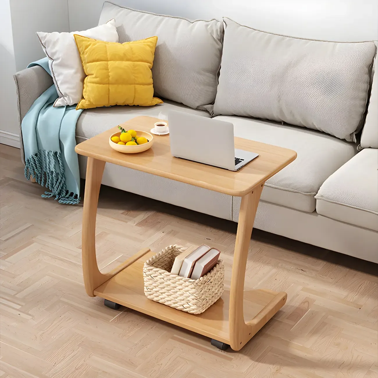 Walnut C-Shaped Side Table With Casters
