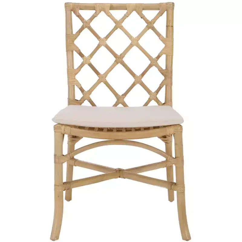 Rattan Dining Chair with Removable Cream Cushion, Natural Finish, Armless — 2-Pack