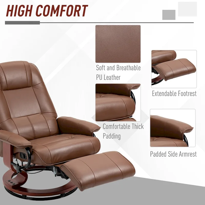 PU Leather Manual Recliner Chair Modern Lounge Chair Adjustable Swivel Armchair Chair with Wood Base and Footrest