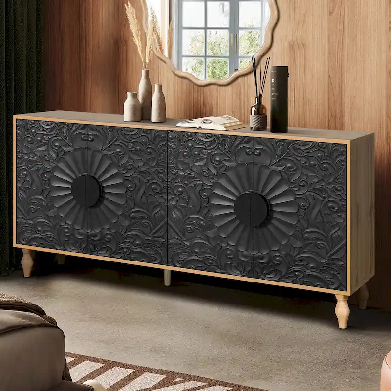 Carved Symmetrical Design Door Storage Cabinet
