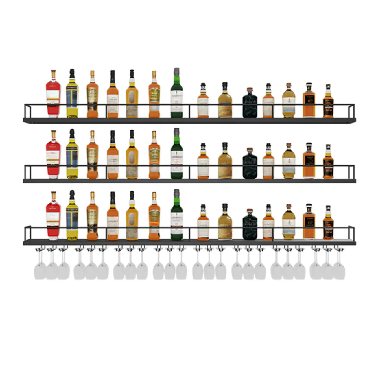 Wall-Mounted LED light Metal Open Wine Rack with Hook and Shelf