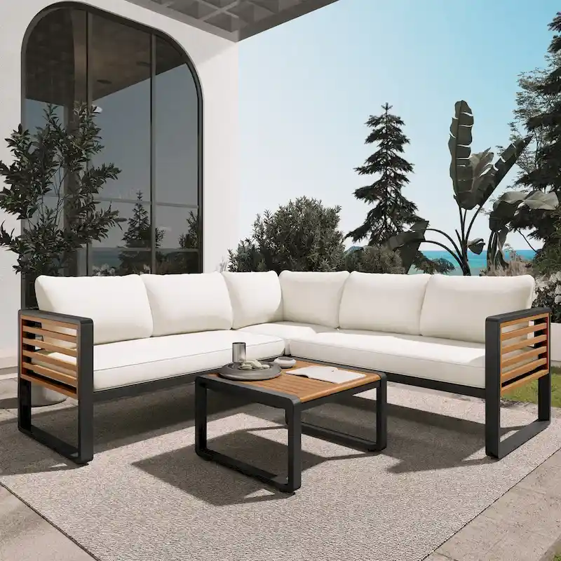 4-Piece Iron L-Shaped Sectional Sofa Set with Cushions & Table