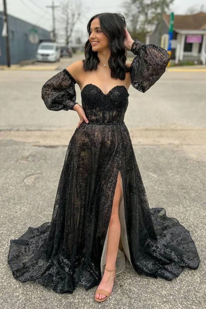 Cute A Line Sweetheart Black Sequins Long Prom Dresses
