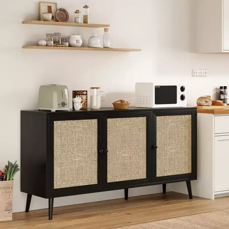 JVNOXK Modern Sideboard with 3 Rattan Doors, Kitchen Storage Console Cabinet, Suitable for Entryway/Living Room (Large, Black)