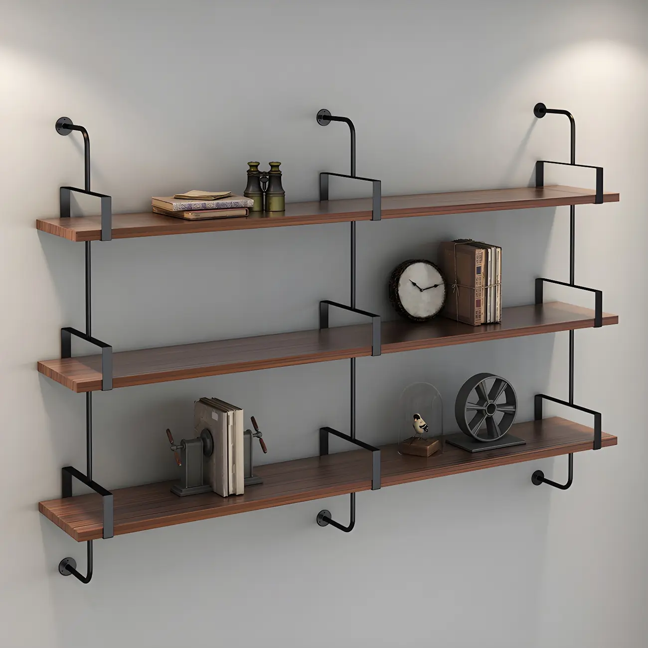 Industrial Wide 3-Tier Wooden Floating Bookcase