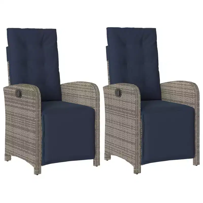 vidaXL Reclining Patio Chairs 2 pcs - Gray Poly Rattan with Navy Blue Cushions, Adjustable Backrest/Footrest, Powder-Coated Steel Frame