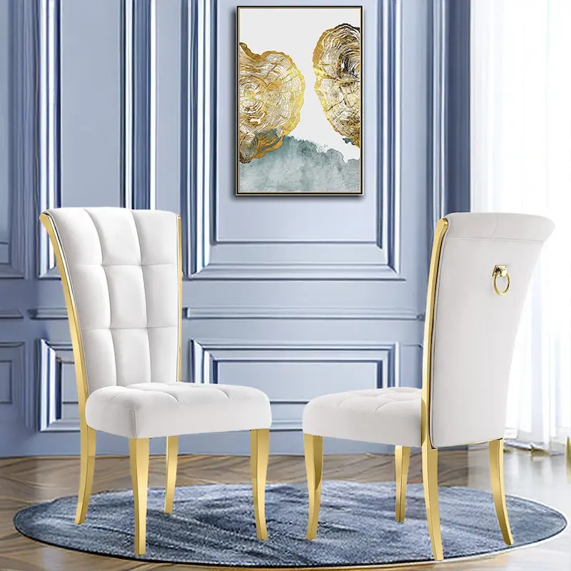Luxury White Velvet Dining Chairs with Pull Ring on Back and Polished Gold Legs