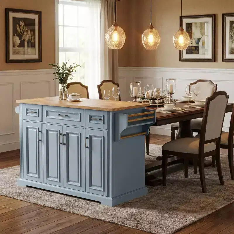 HomyCasa Rolling Kitchen Island with Wood Top and Storage Cabinets, Grey