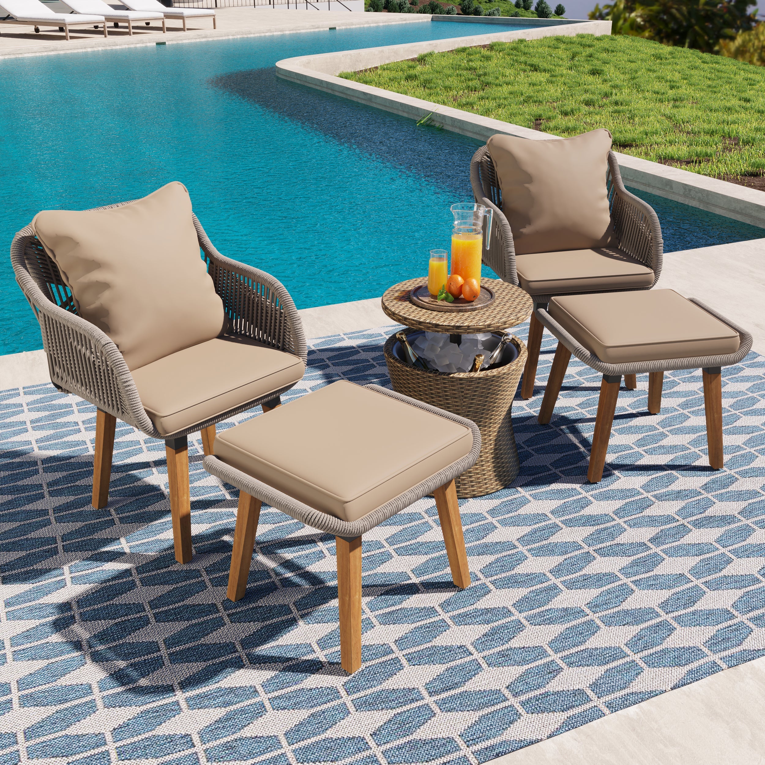 Walker Edison | 5 Piece Outdoor Patio Chat Set with Ottomans and Side Table