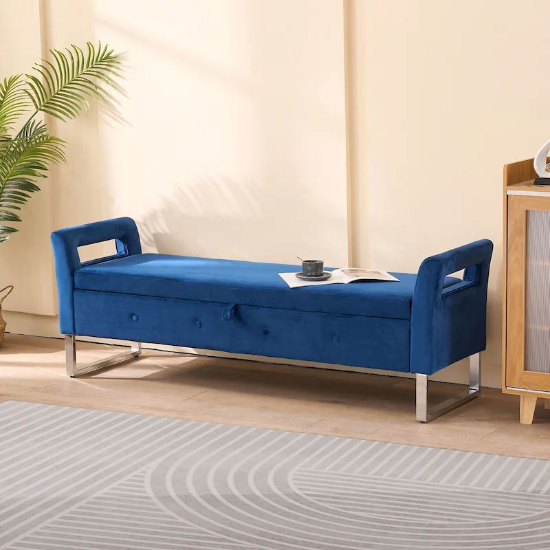 Navy / Black / Green / Beige Velvet Storage Bench with Armrests – Single Seat