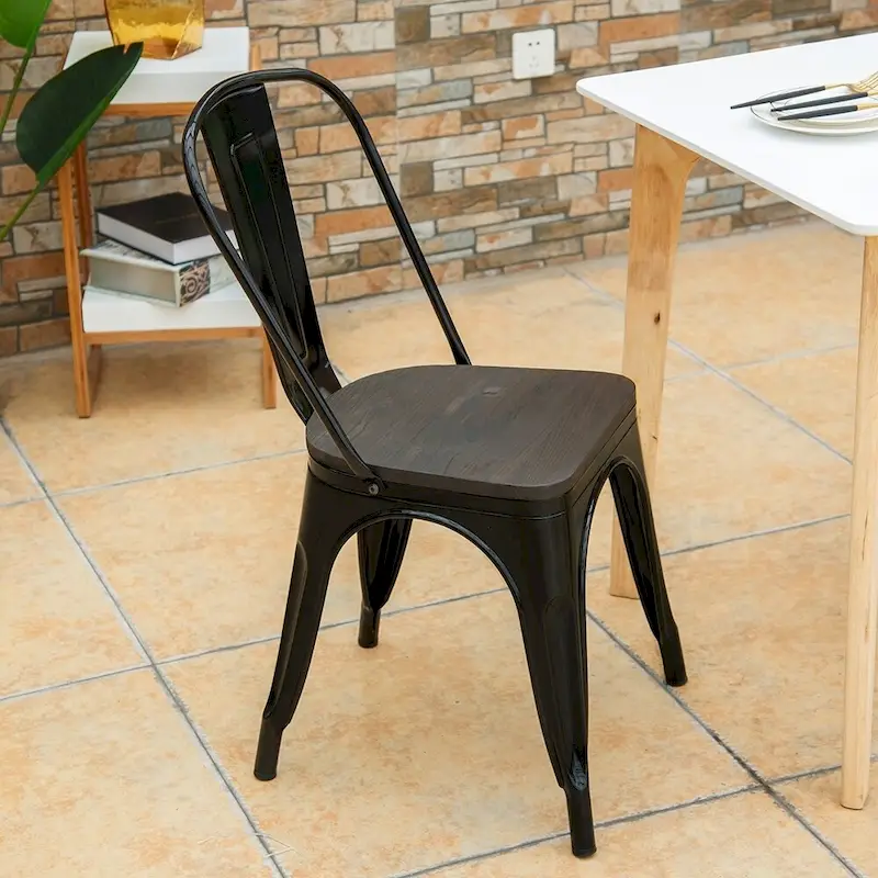 Stackable Bistro Cafe Dining Chair with Metal Frame and Wood Seat