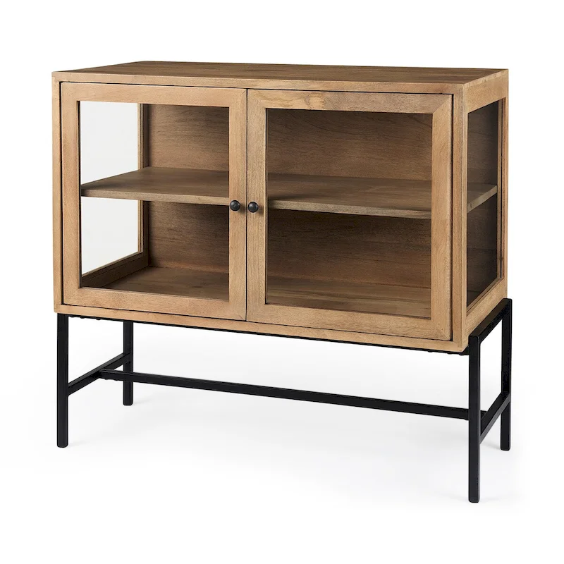 Arelius Light Brown Solid Wood w/ Black Iron Frame & 2 Glass Doors Accent Cabinet - 36.0L x 18.0W x 32.0H