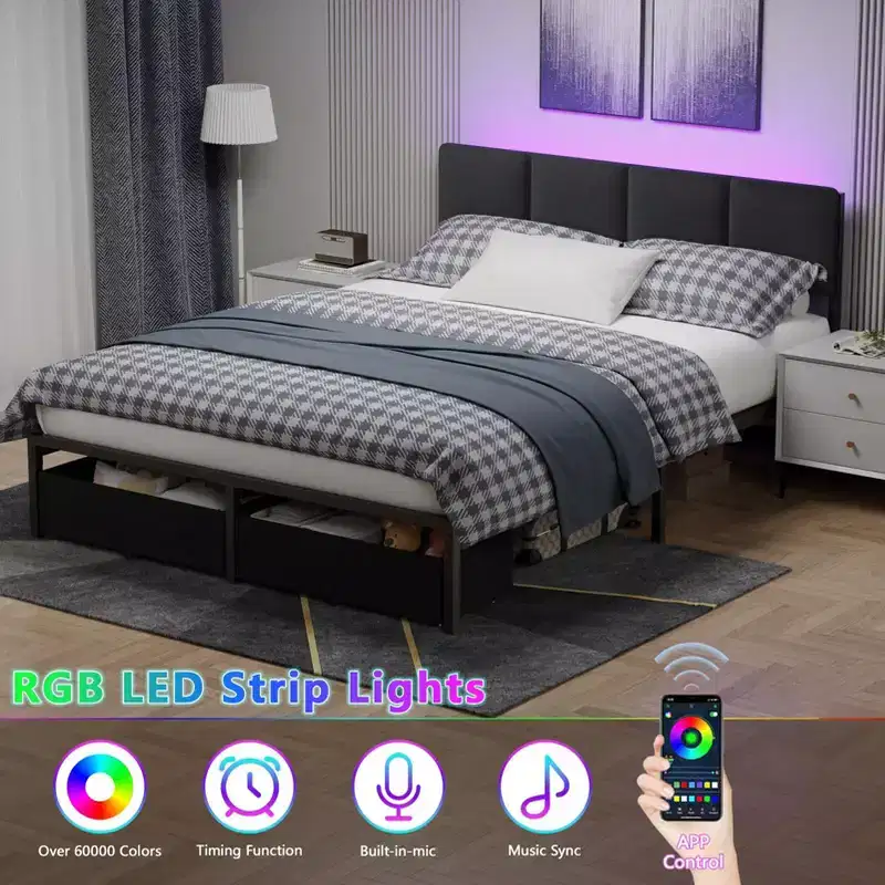 Modern Queen Bed Frame with Adjustable Headboard 2 Storage Drawers LED Lights Charging Station Grey Upholstered Platform Metal No Box Spring Needed