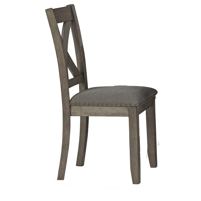 7 Piece Dining Table Set, Lattice Back Chairs, Dark Gray Wood, Polyester