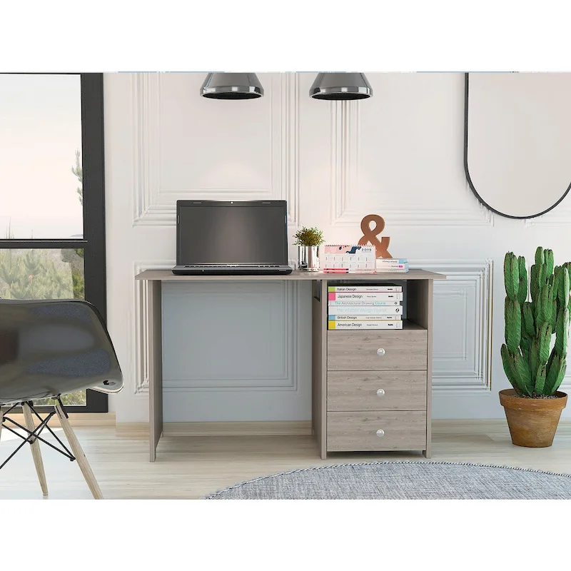 Freestanding Computer Desk with 3 Drawers and Open Shelf, Grey