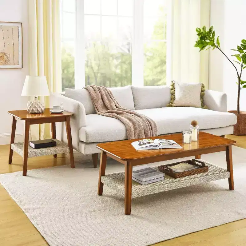 Farmhouse Coffee Table, 47.25 Rectangular Table, Vintage Living Room Design with Woven Storage Shelf, for Home Office Walnut