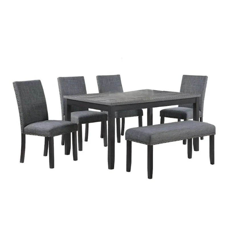 Drake 6 Piece Dining Table Set, 4 Chairs, Bench, Gray Fabric, Black Wood