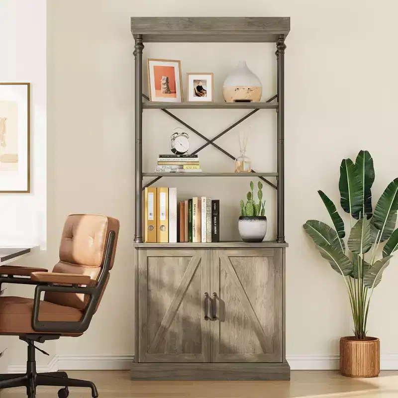 Tall Bookshelf with Doors 73.62in Industrial Storage Open Rack Shelf with Cabinet Wood and Metal Bookcase Bookshelves Large Vintage Display Rack