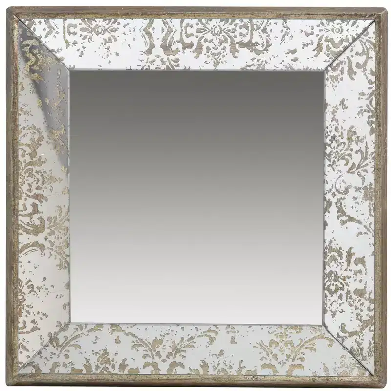 24 x 24 Inch Antique Silver Square Wall Mirror with Floral Accents