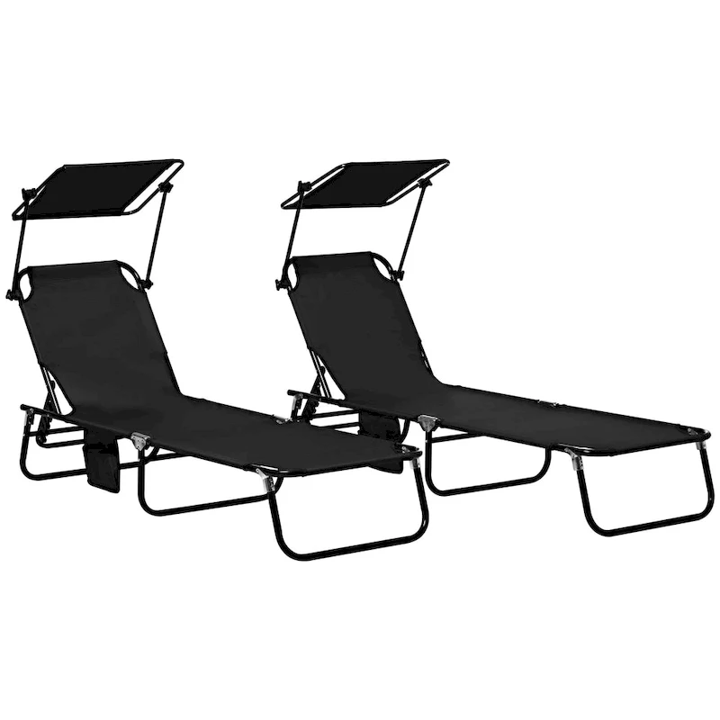 Outsunny Folding Chaise Lounge Pool Chairs, Outdoor Sun Tanning Chairs With Canopy Shade, Reclining Back