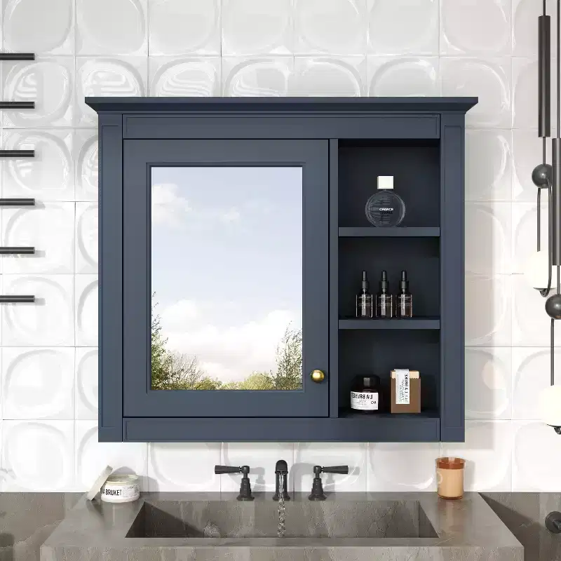 MAYEERTY 28 Medicine Cabinet, Wall Mounted Bathroom Storage Cabinet with Mirror 3 Open Shelves Modern Blue