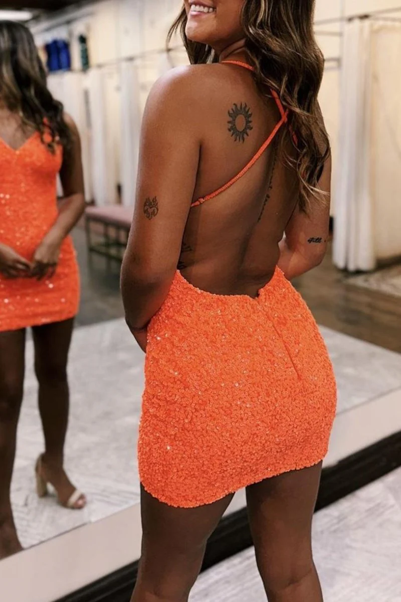 Sparkly Sky Blue Spagehetti Straps Sequins Open Back Mini Party Dresses