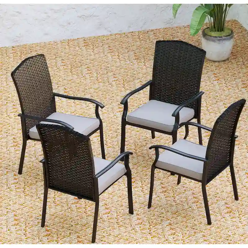Patio Rattan Wicker Fixed Armrest Dining Chair with CushionSet of 2/4/6