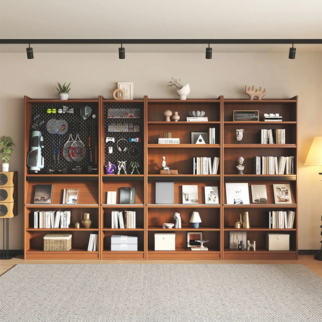 Tall Scandinavian Vertical Walnut Closed Back Wood Bookcase