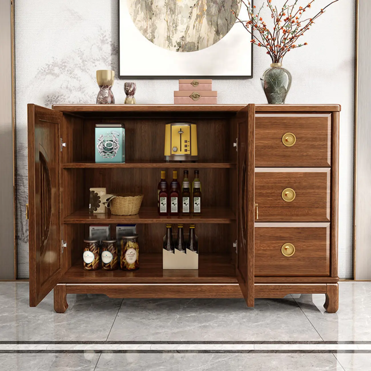 Traditional Wooden Sideboard with Cabinet & Drawer in Walnut