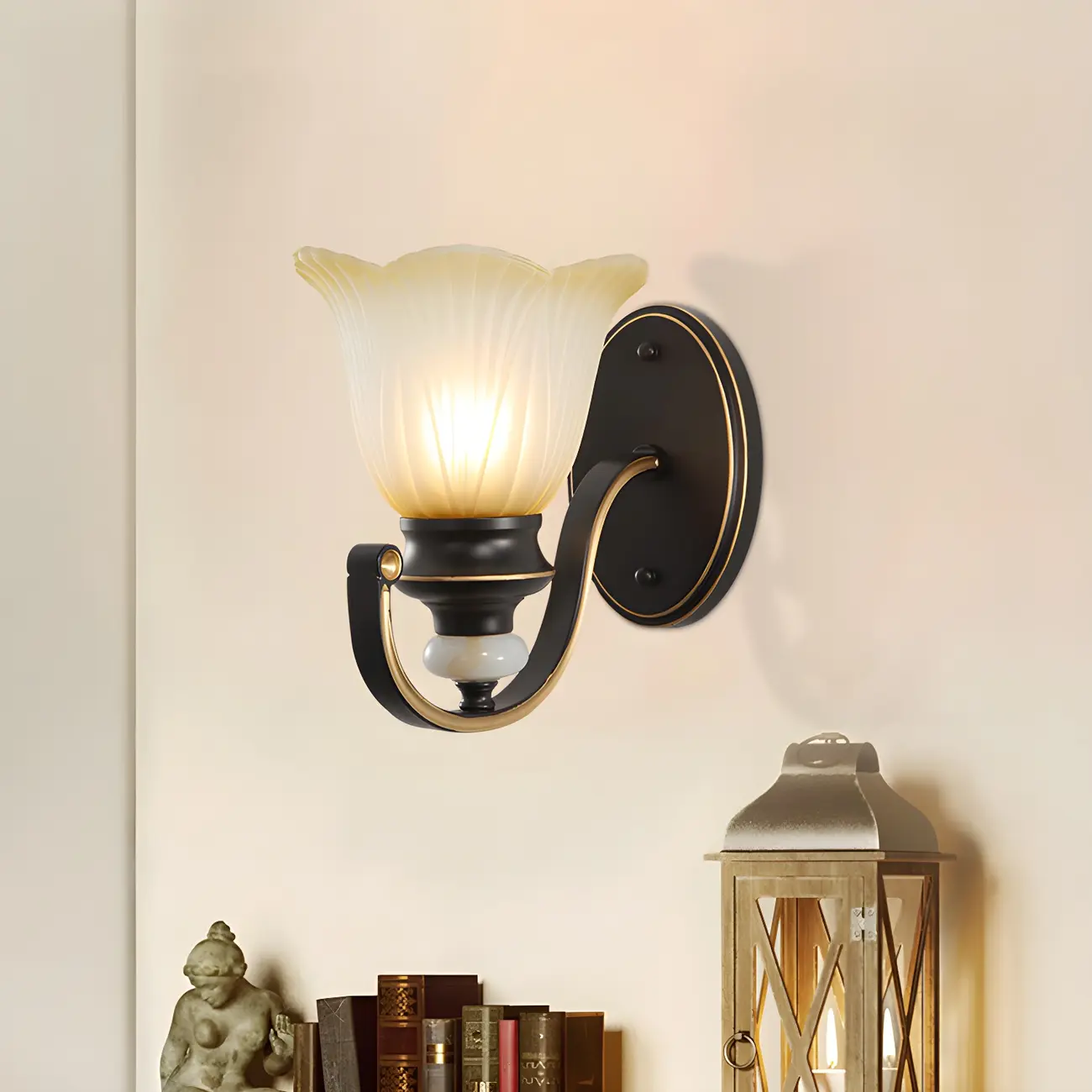 Traditional Black-Gold Glass Wall Sconce for Living Room