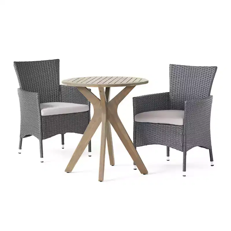 Jillian 3pc Acacia Wood & Wicker Bistro Set: Cushioned Chairs, Circular Table - Christopher Knight Home
