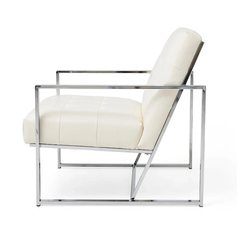 30.50H Cream Mid-Century PU Leather Tufted Accent Chair with Chrome Plated Frame