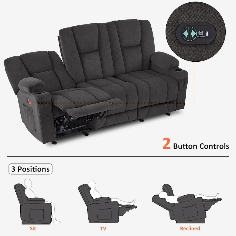 Electric Power Reclining Sofa with Massage and Lumbar Heat, Fabric