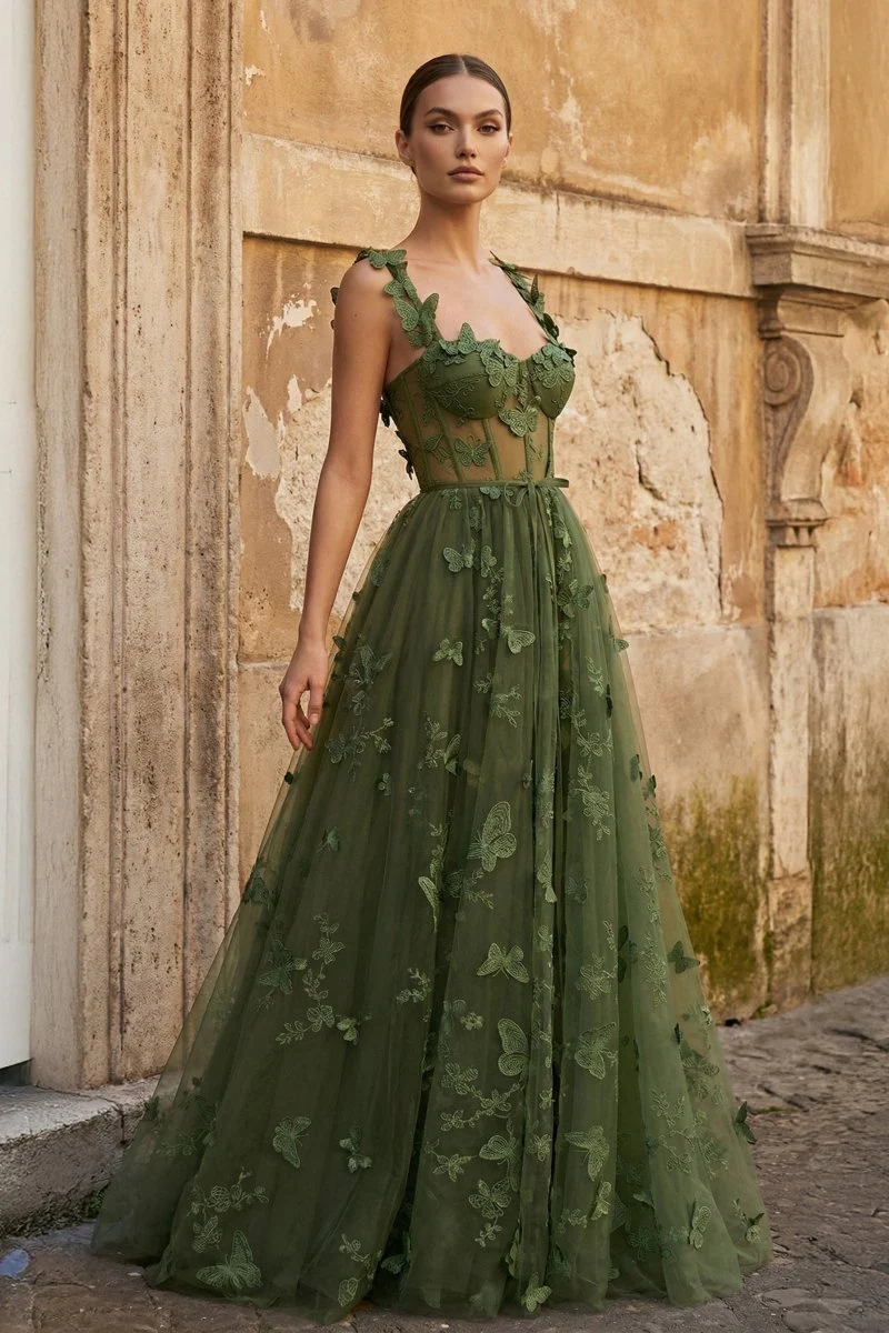 Moss A-line Butterfly Lace Lilac Corset Prom Dress with Slit