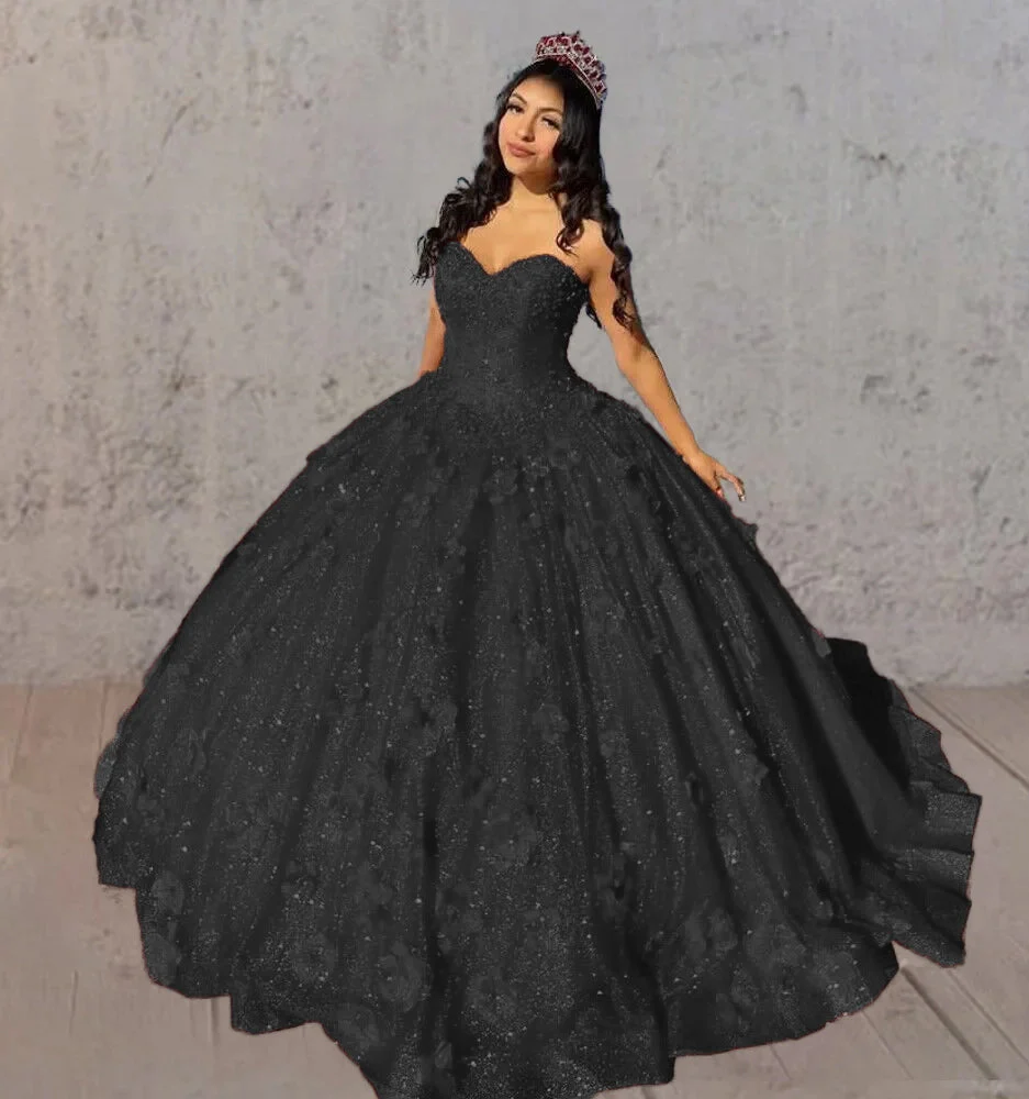 Red 3D Flowers Glitter Sequins Sleeveless Quinceanera Dresses