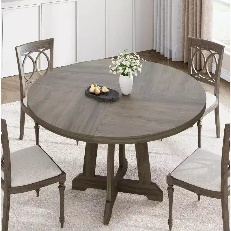 Dining table, round, 47-inch wood, sturdy legs, four-piece tabletop, round base, suitable for dining room, kitchen, and living room.