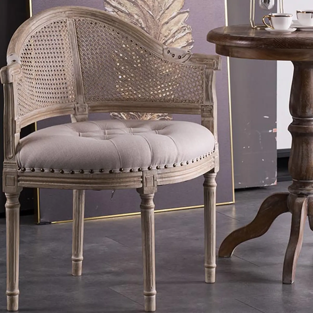 Rustic Rattan Upholstered Wood Dining Chair