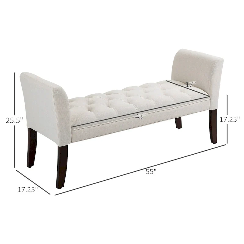 Beige Button-Tufted Upholstered Bench with Arms - 55